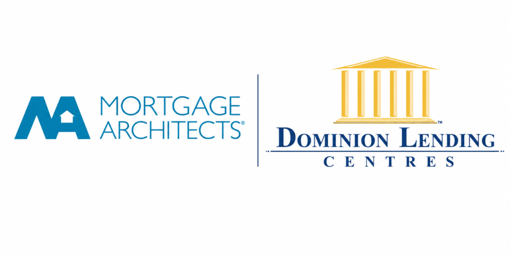 Logo: Mortgage Architects on the left in blue with a house motif, a vertical divider, and Dominion Lending Centers on the right with gold temple columns and blue text in a row.